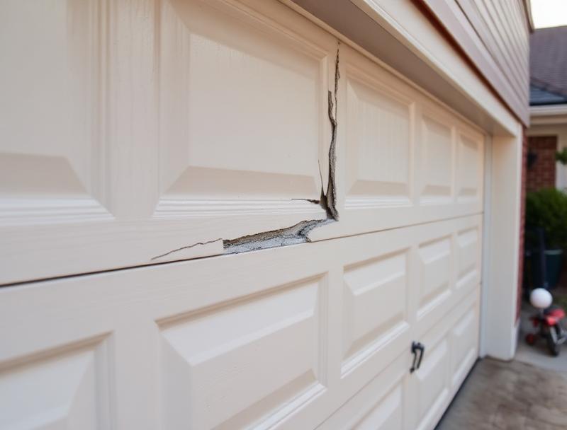 Damaged garage door panel being repaired by professional technician in Westport